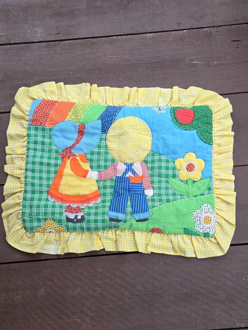 Vintage 1970s Pillow Sham Gingham Kids & Sunshine 🌞